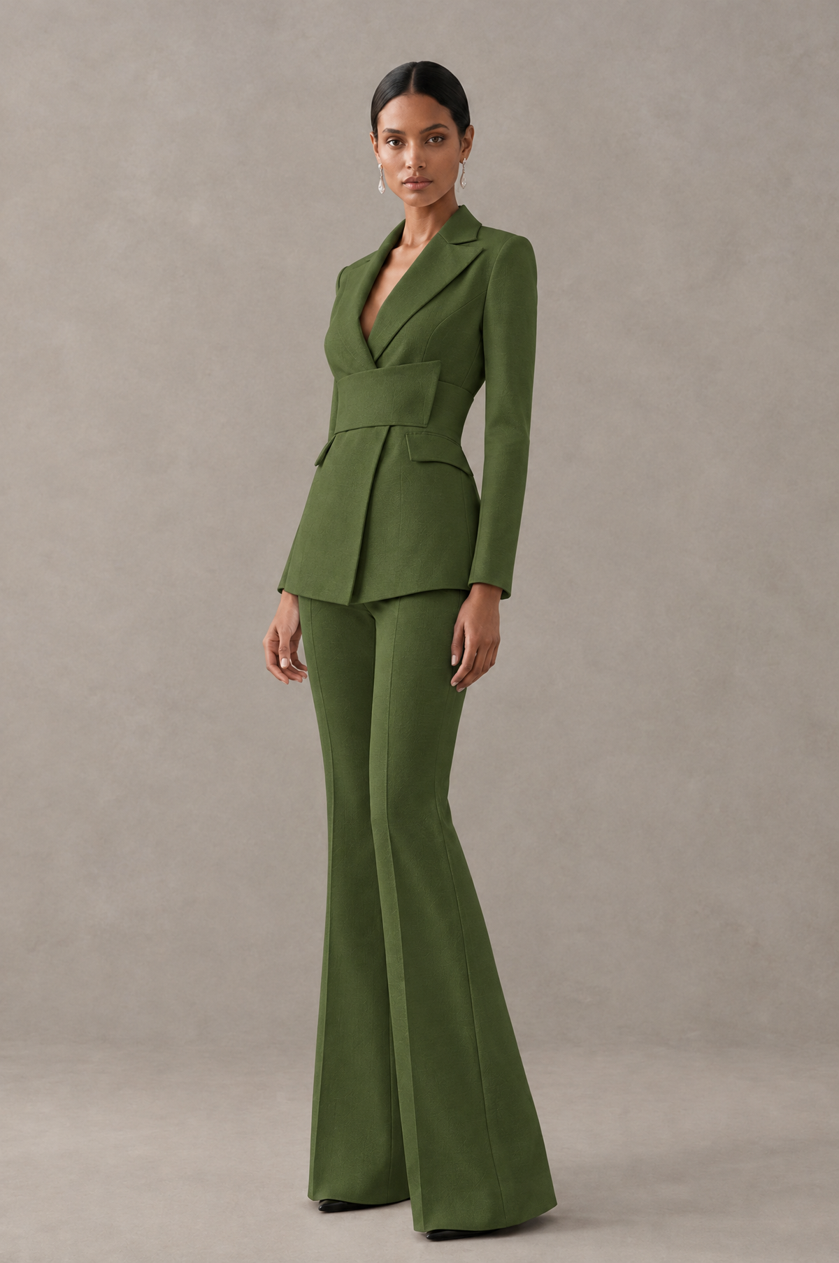 BOLODOO Olive Green Two-Piece Pantsuit with Tailored Blazer & Flared Pants - Olive Green - Olive Green (4)