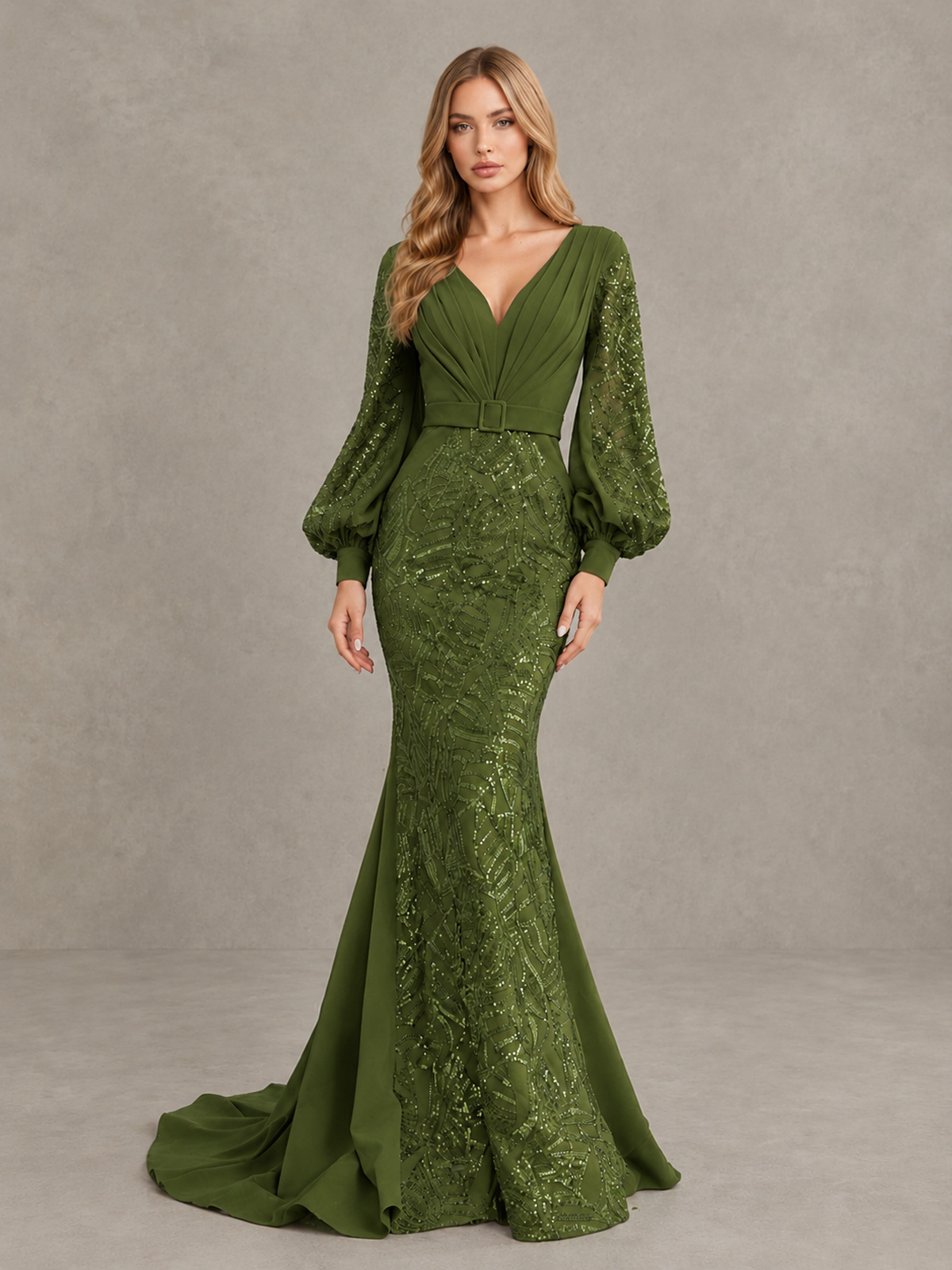 BOLODOO Olive Green Sequin Long Bishop Sleeve Mermaid Evening Dress - Olive Green - Olive Green (4)