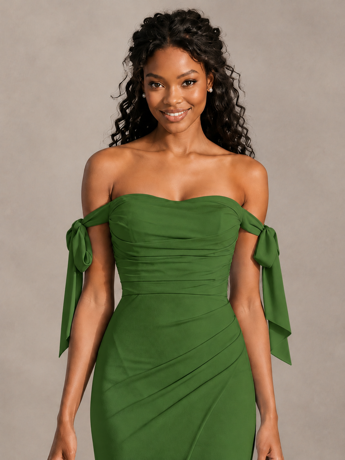 Olive Green Off-Shoulder Bow Bridesmaid Dress with Slit - Olive Green - Olive Green (4)