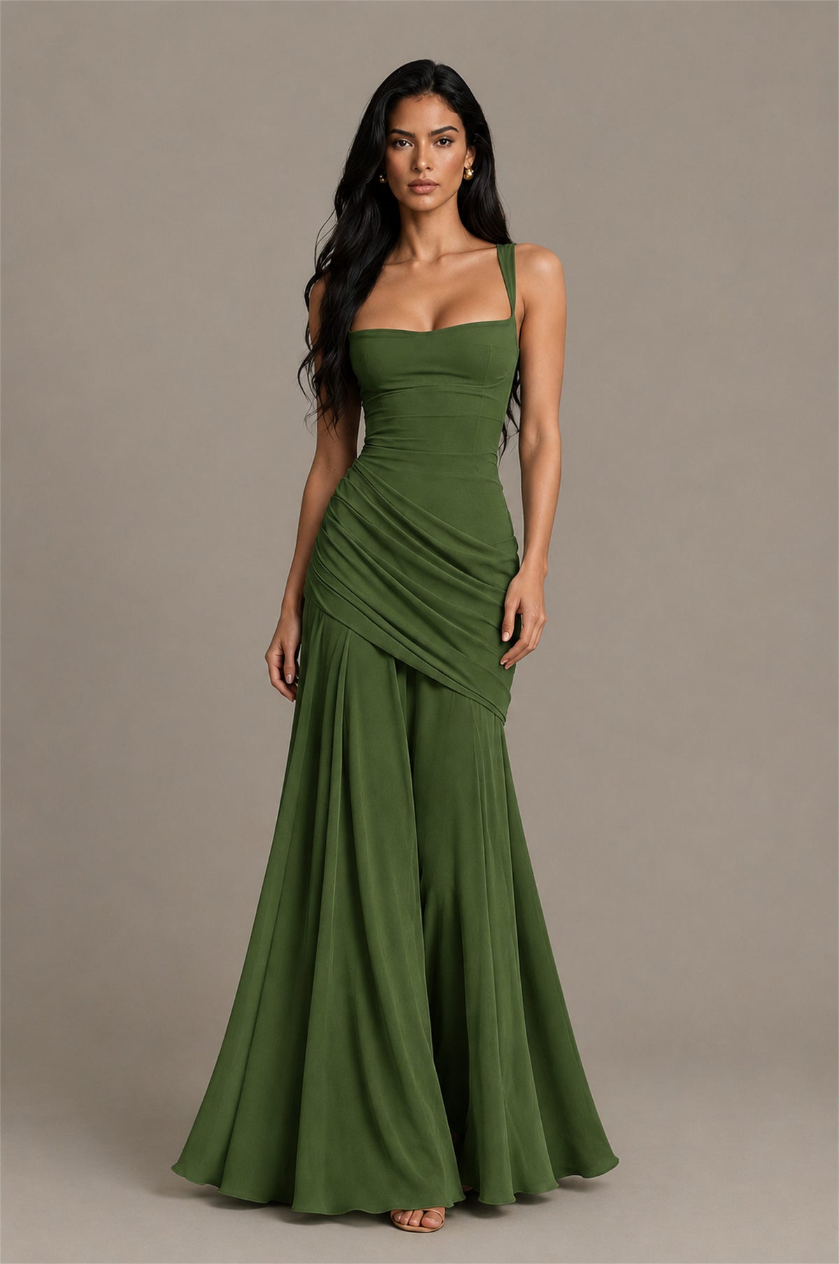 BOLODOO Square Neck Ruched A-Line Maxi Dress - Olive Green Backless Evening Gown - Olive Green