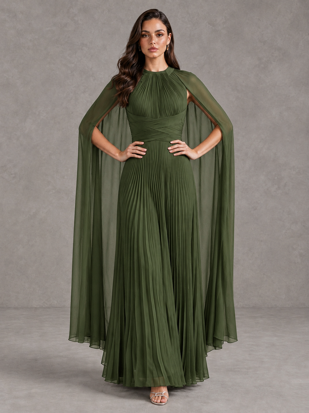 BOLODOO Olive Green Pleated Cape Maxi Wedding Guest Dress - Olive Green - Olive Green (4)