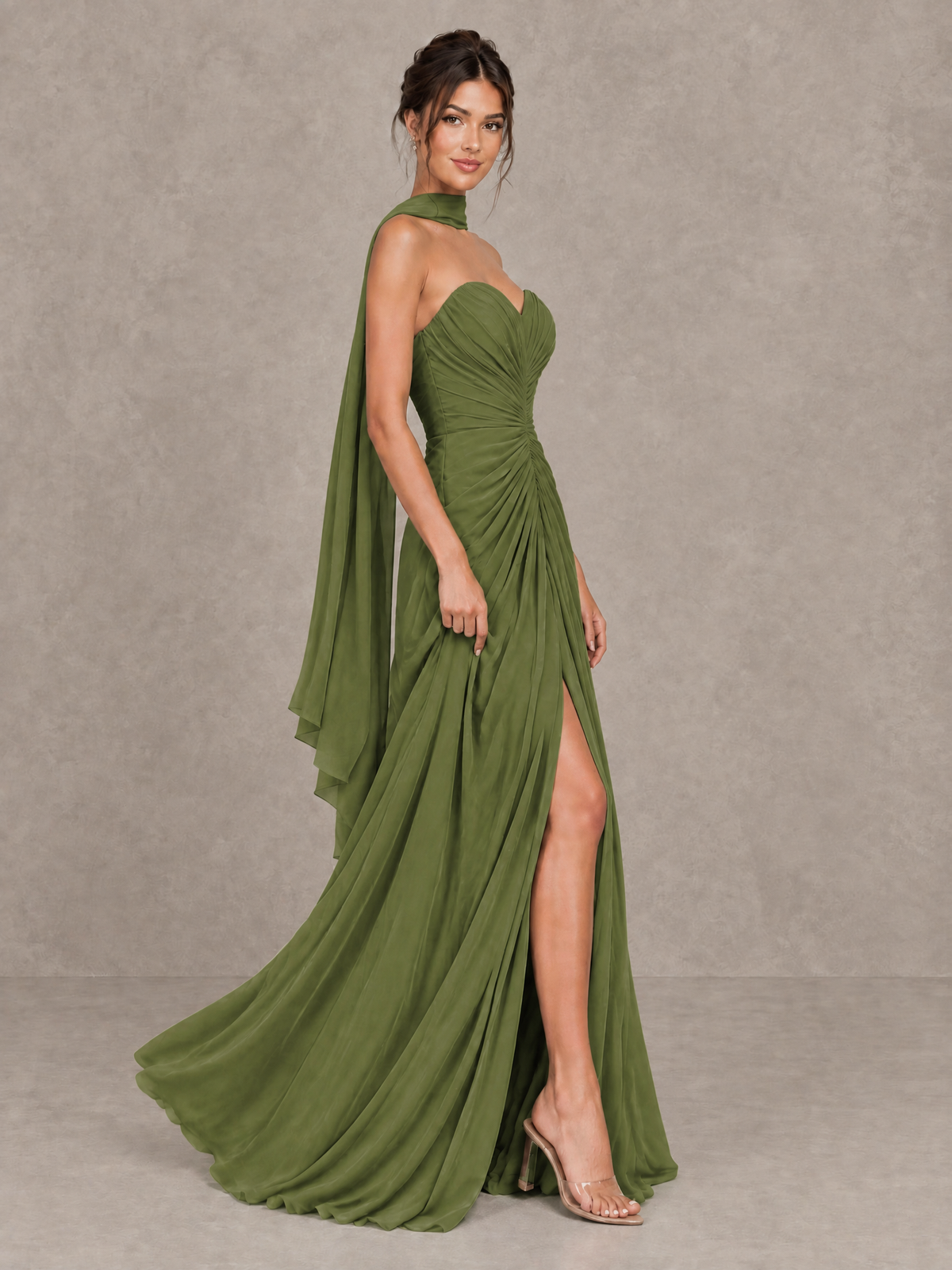 BOLODOO Olive Green Strapless Ruched Maxi Dress with Scarf and Slit - Olive Green