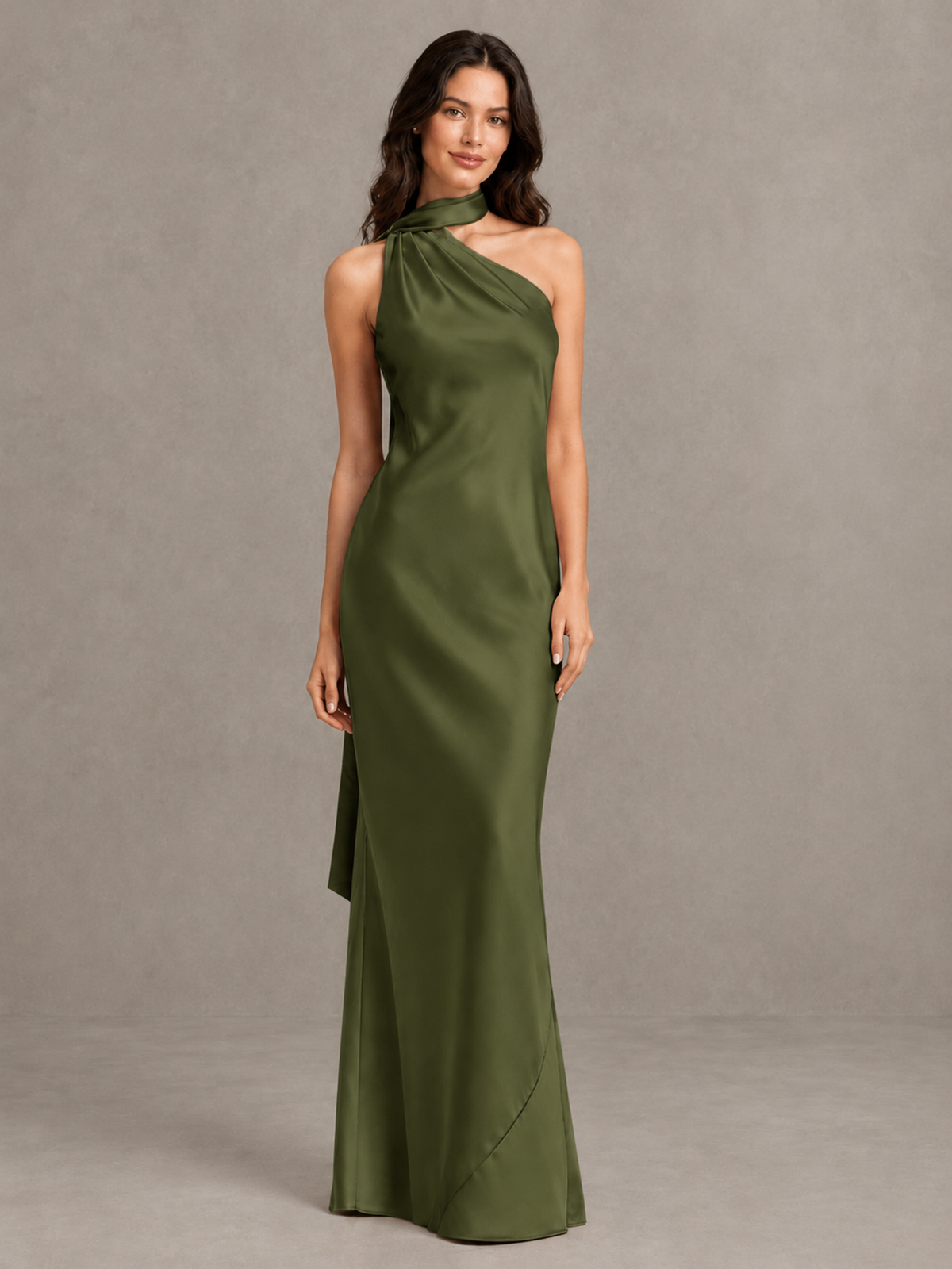 BOLODOO Olive Green Satin One-Shoulder Bridesmaid Dress with Open Back - Olive Green - Olive Green (4)