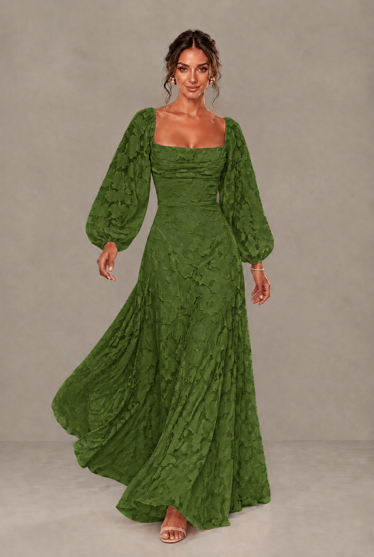 BOLODOO Floral Olive Green Long Sleeve A-Line Dress with Lace-Up Back - Olive Green
