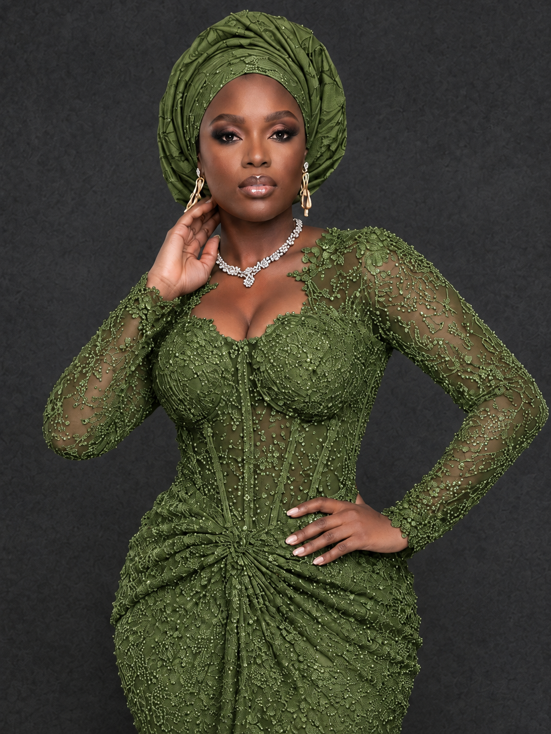 BOLODOO Olive Green Beaded Lace Long Sleeve Mermaid Gown Sweetheart | Mother of the Bride - Olive Green