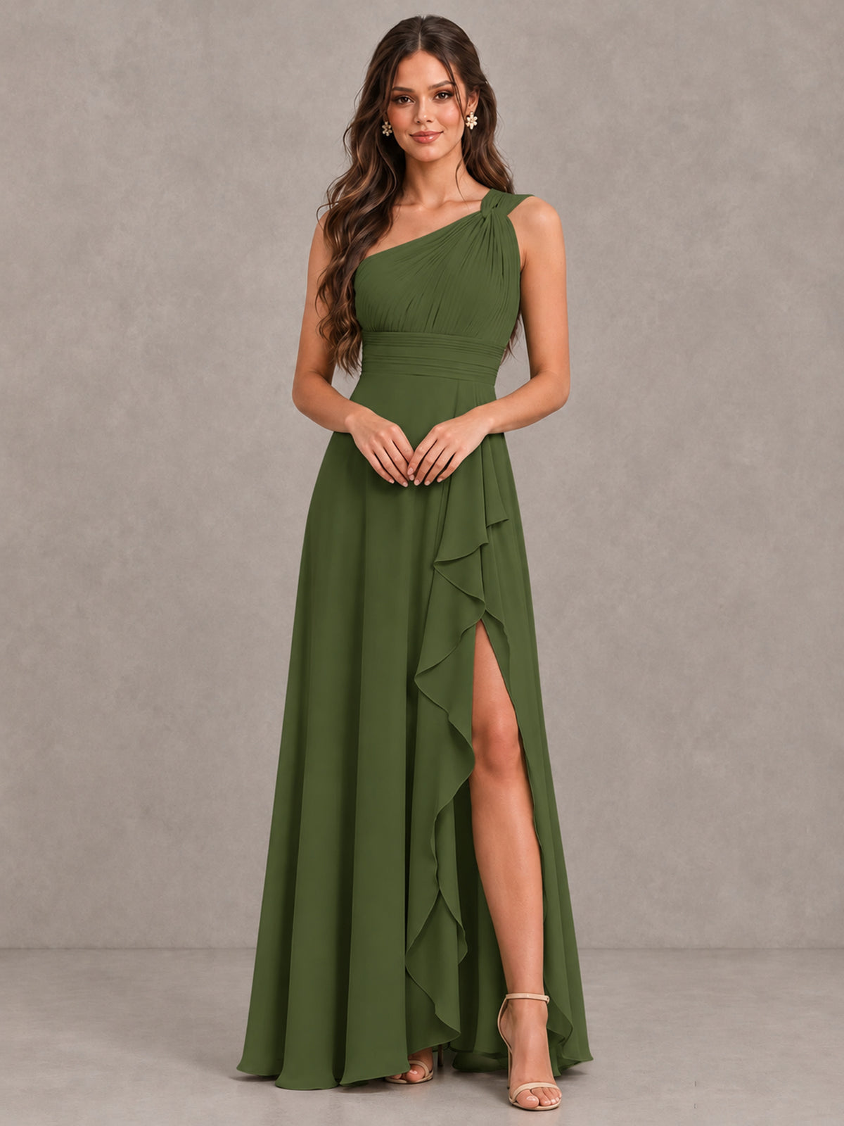 BOLODOO Olive Green One-Shoulder Ruffle Bridesmaid Dress with Slit - Olive Green - Olive Green (4)