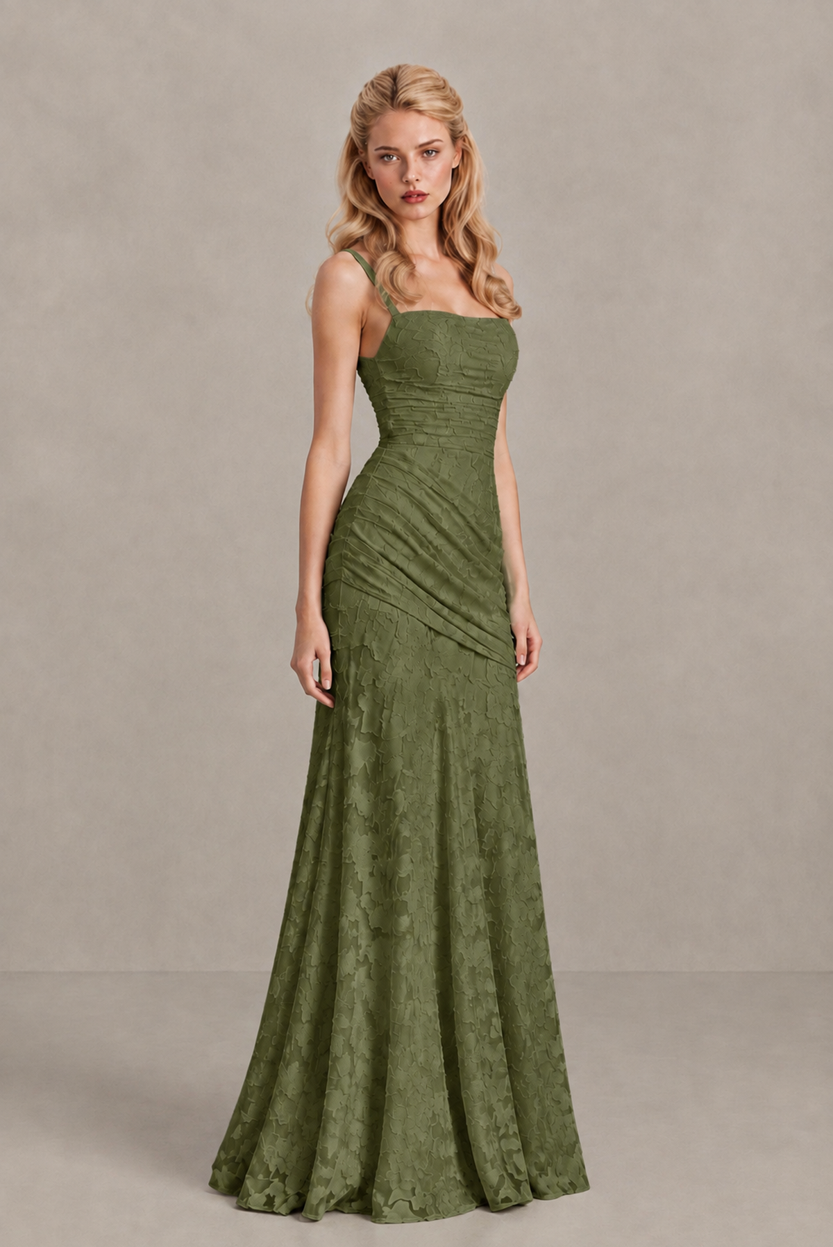 BOLODOO Olive Green Ruched Floral Maxi Dress with Lace-Up Back - Olive Green