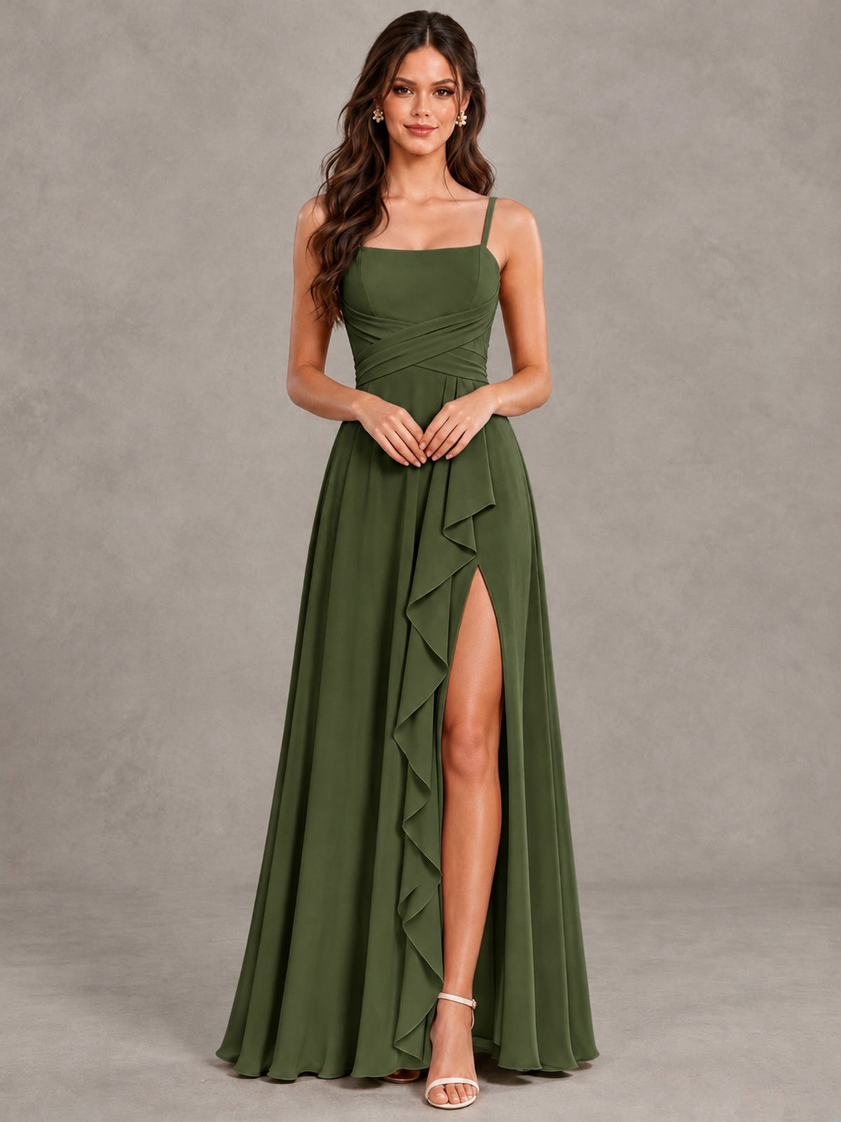 BOLODOO Olive Green Spaghetti Strap Ruffle Bridesmaid Dress with Slit - Olive Green - Olive Green (4)