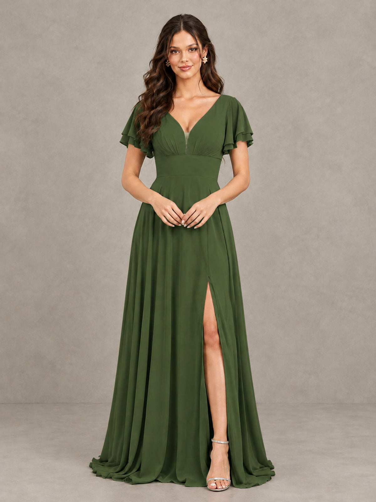 BOLODOO Olive Green Flutter Sleeve Chiffon A-Line Maxi Bridesmaid Dress with Open Back & Slit - Olive Green - Olive Green (4)