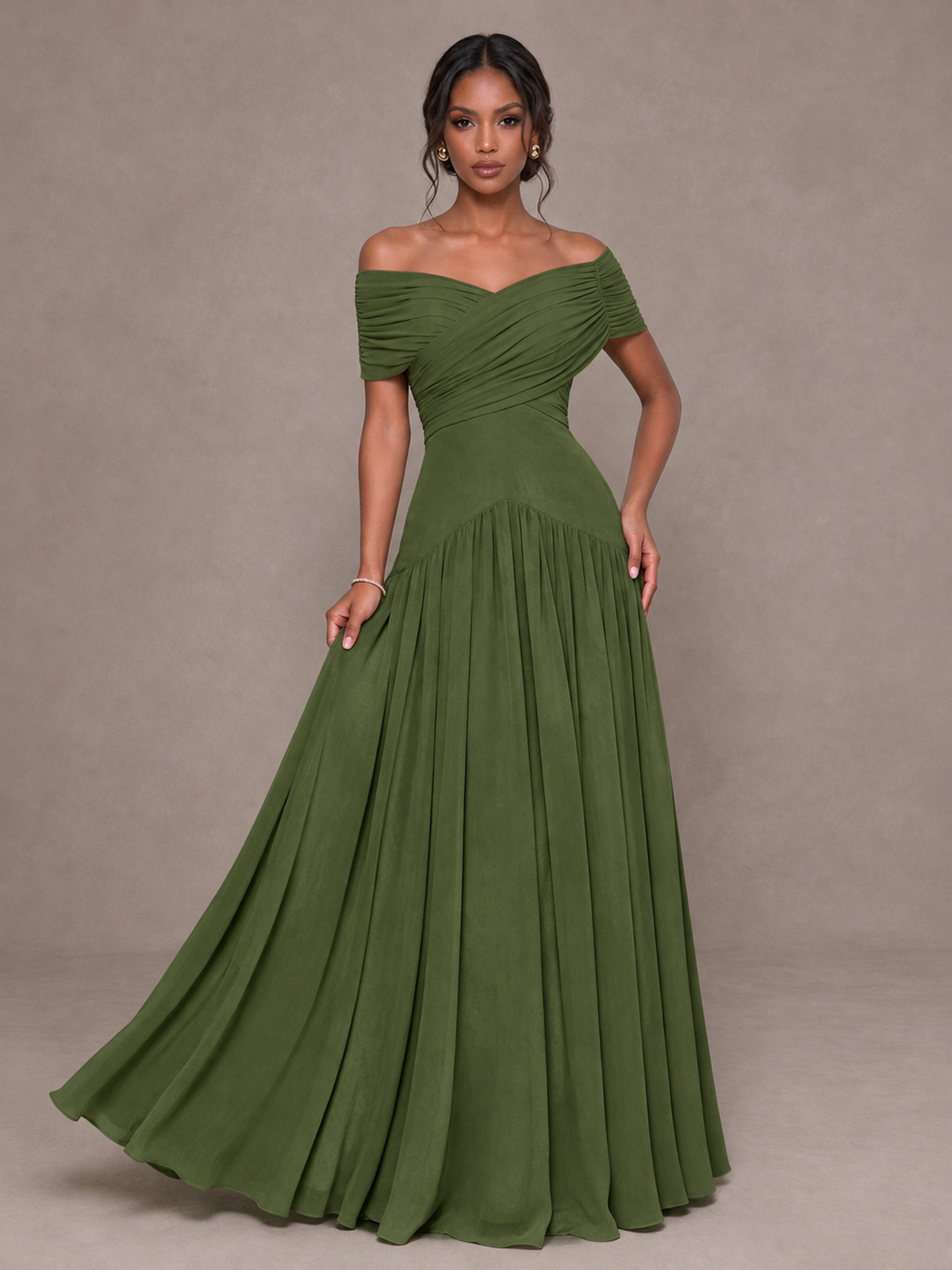 BOLODOO Olive Green Off-Shoulder Ruched A-Line Bridesmaid Dress - Olive Green - Olive Green (4)