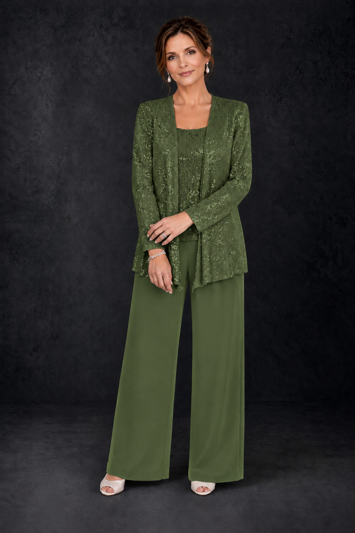 BOLODOO Olive Green Sequin Lace 3-Piece Pant Suit with Long Sleeve Jacket - Olive Green - Olive Green (4)