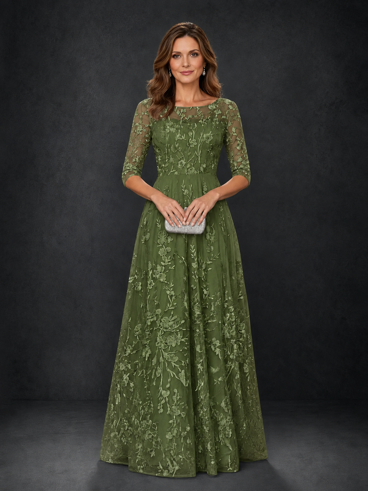 BOLODOO Steel Olive Green Floral Lace A-Line Mother of the Bride Dress with 3/4 Sleeves - Olive Green