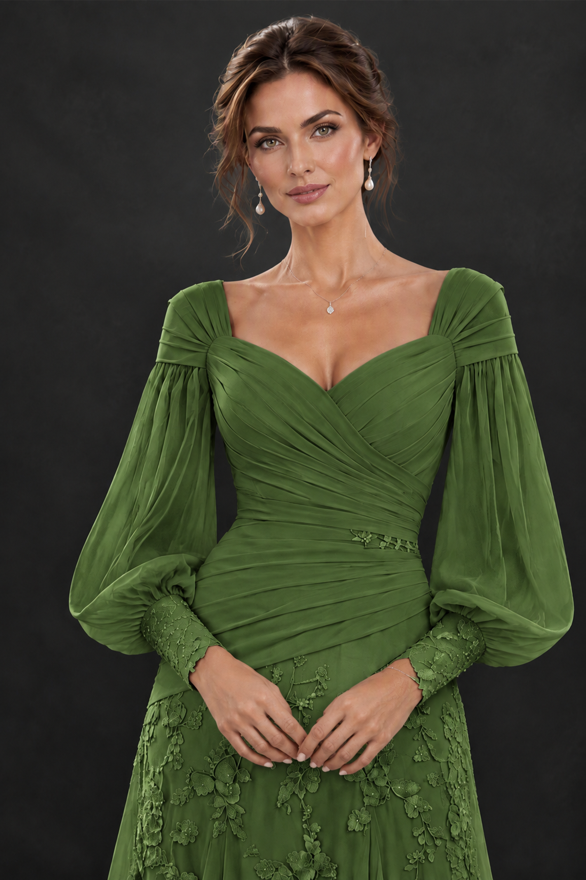 BOLODOO Olive Green Long Sleeve Mother of the Bride Dress with Floral Appliqués - Olive Green - Olive Green (5)