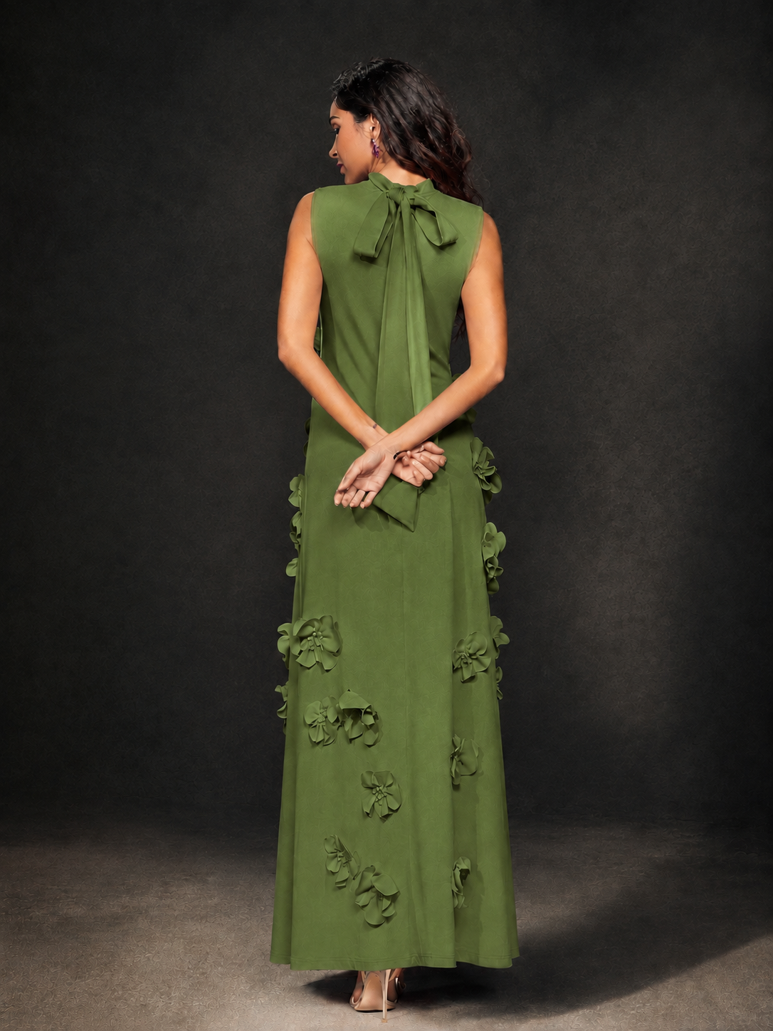 BOLODOO Olive Green Mock Neck Sleeveless 3D Floral Appliqué Maxi Dress with Bow Back - Olive Green