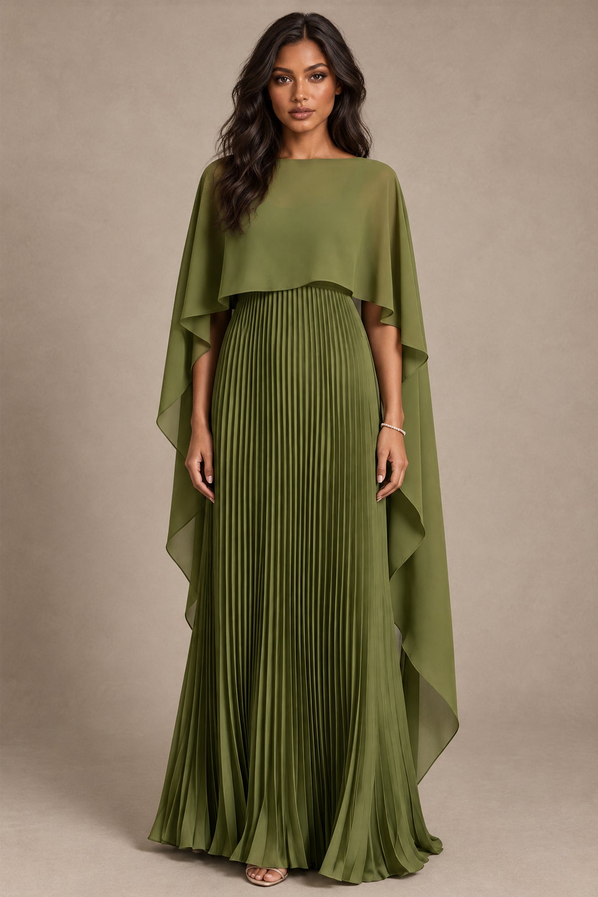 BOLODOO olive green pleated A-line evening dress with cape overlay, full-length front view
