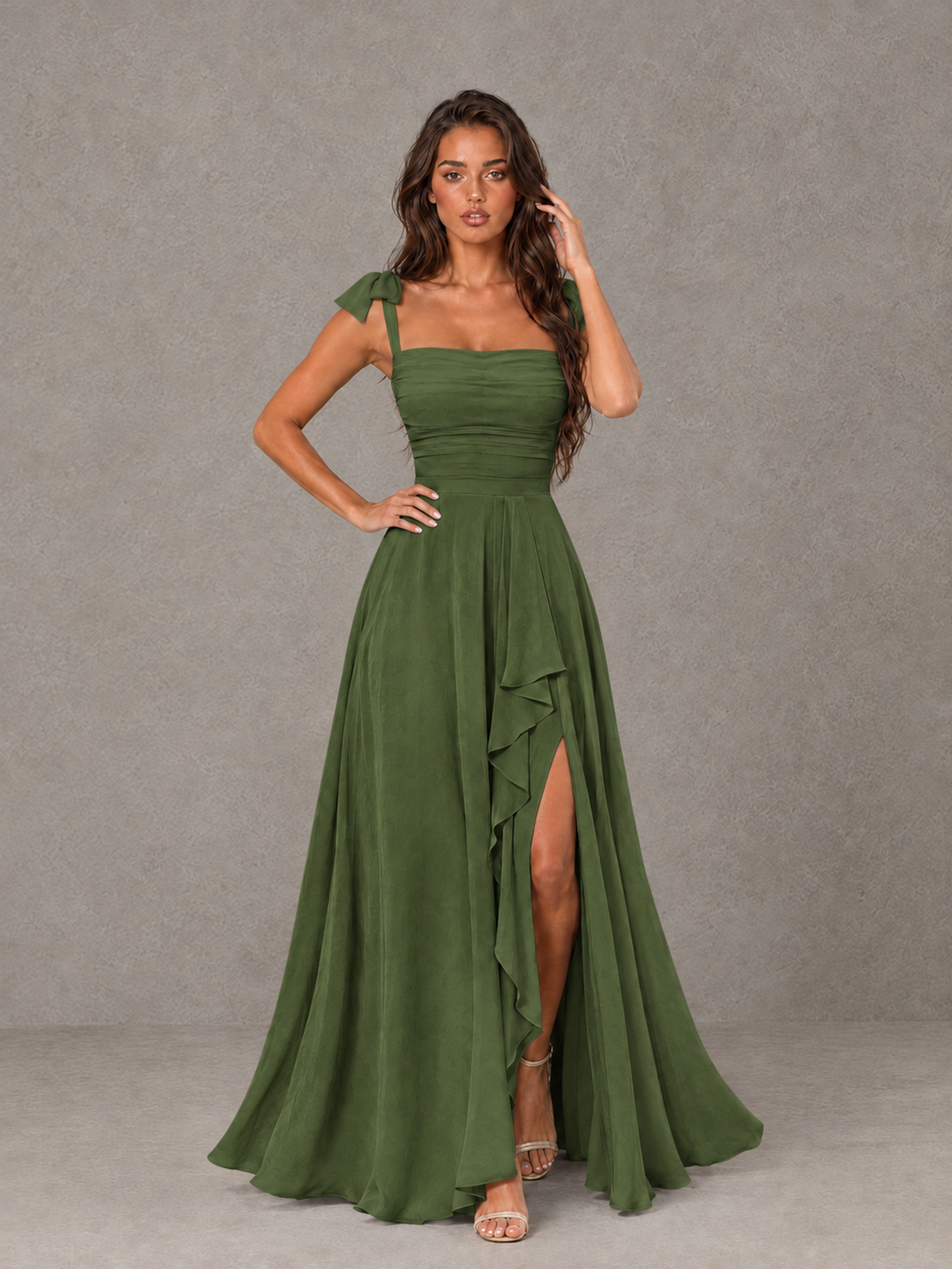 BOLODOO Olive Green 1 Bow-Strap Bridesmaid Dress with Ruffle Slit - Olive Green 1 - Olive_Green_1 (4)