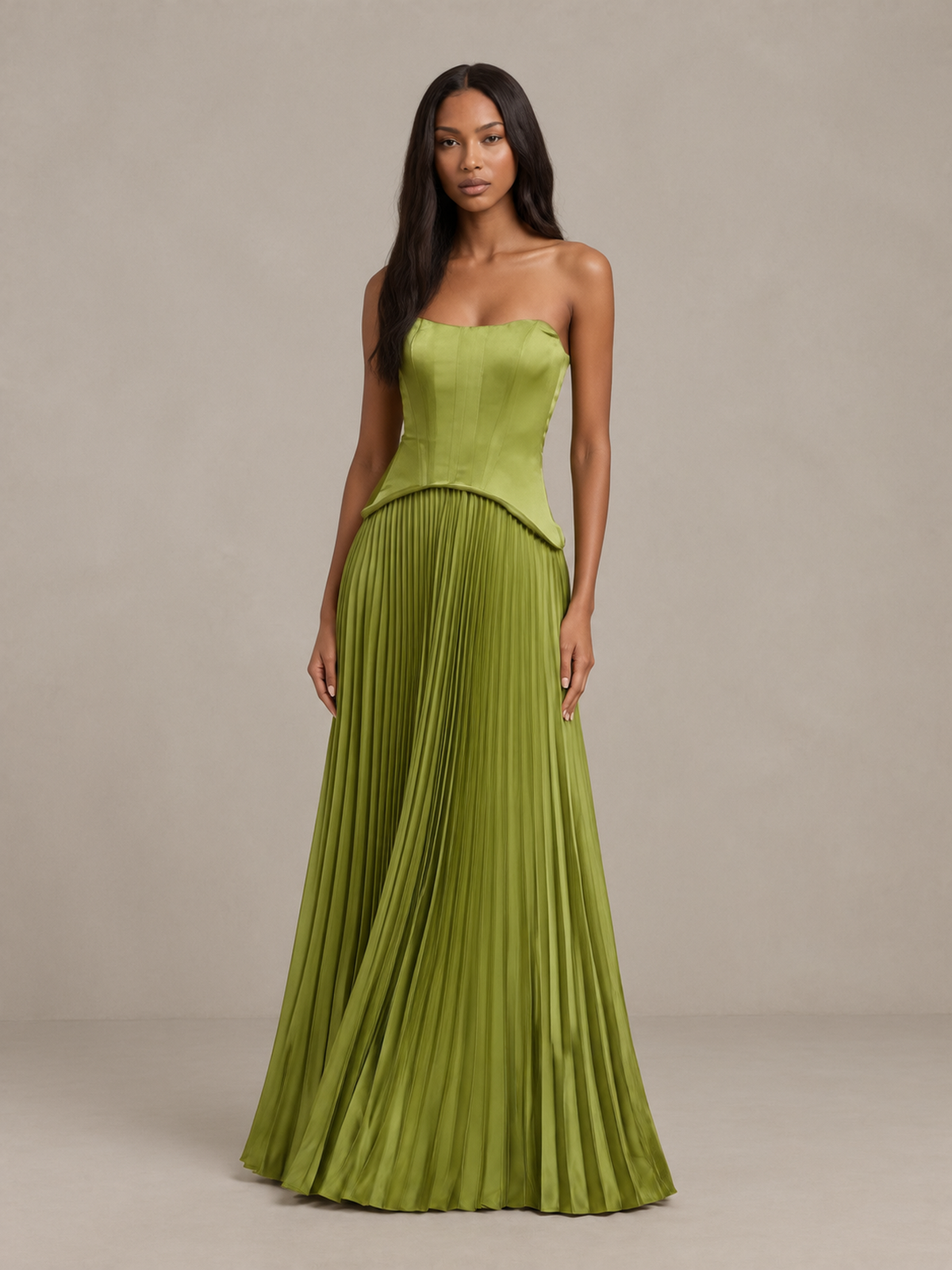 BOLODOO olive green strapless formal maxi dress with pleated skirt, full front view