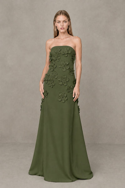 BOLODOO Olive Green Strapless 3D Floral Appliqué Crepe Maxi Gown 
