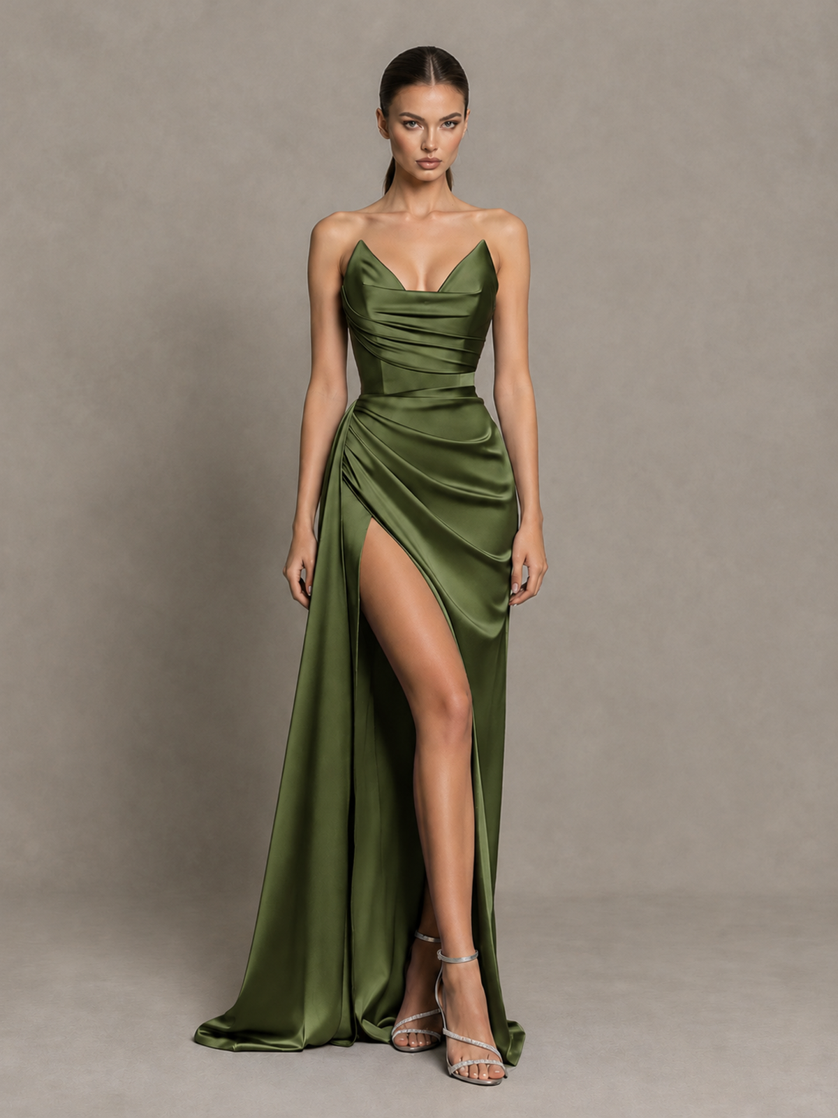 BOLODOO Olive Green Strapless Satin High-Slit Lace-Up Prom Dress 