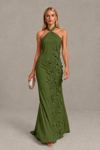 BOLODOO Olive Green Cross Halter Neck 3D Floral Appliqué Backless Mermaid Maxi Gown 