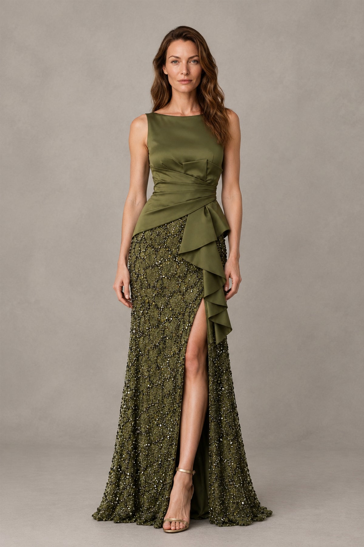 BOLODOO QQ057 olive green sleeveless embellished evening gown with ruffles and high slit, front view