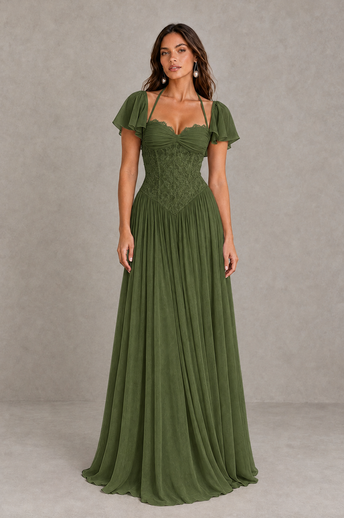 BOLODOO Olive Green Flutter Sleeve Lace Corset A-Line Maxi Dress 