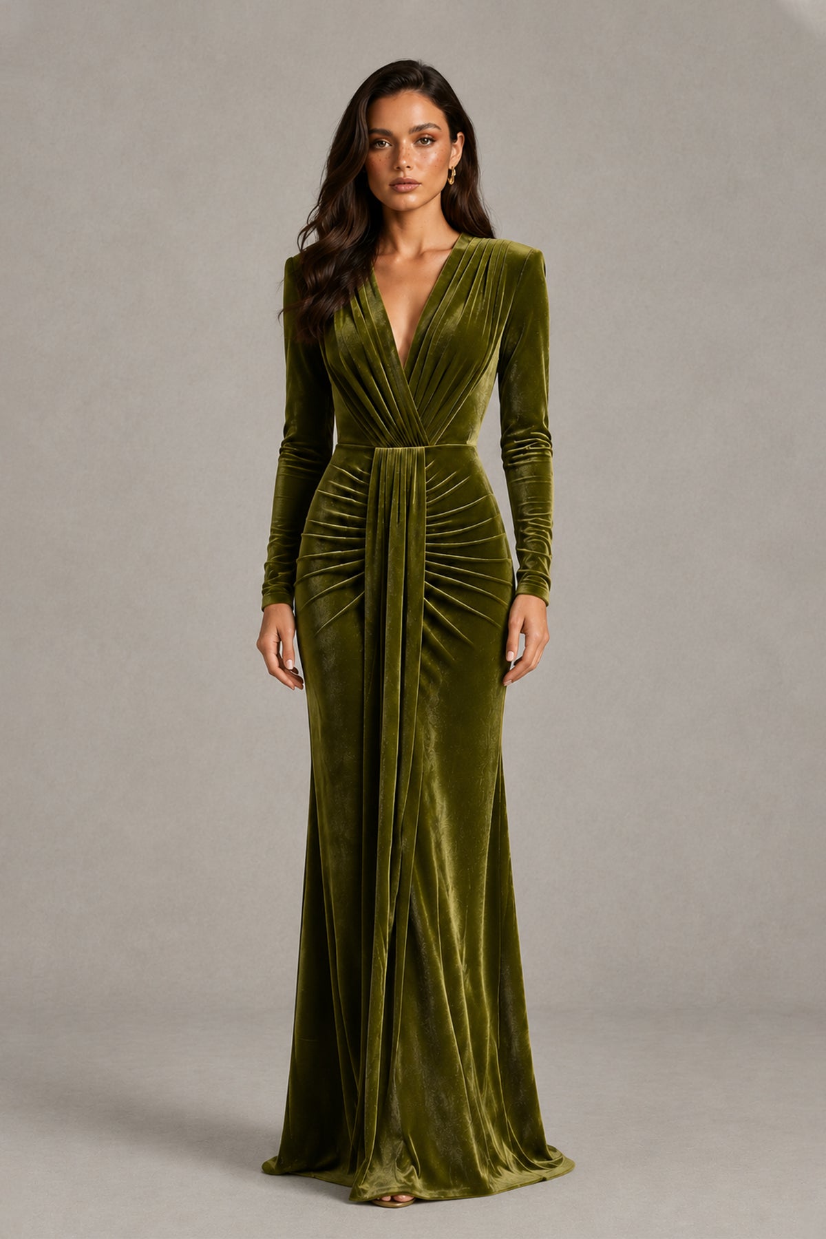 BOLODOO QQ053 olive green velvet long sleeve V-neck evening gown, full-length front view