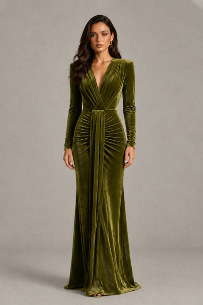 BOLODOO QQ053 olive green velvet long sleeve V-neck evening gown, full-length front view