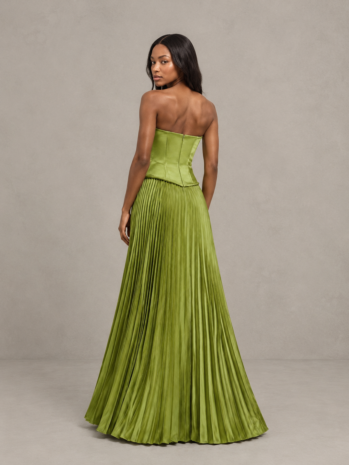 BOLODOO olive green strapless pleated evening prom dress with structured bodice and floor-length skirt, front view