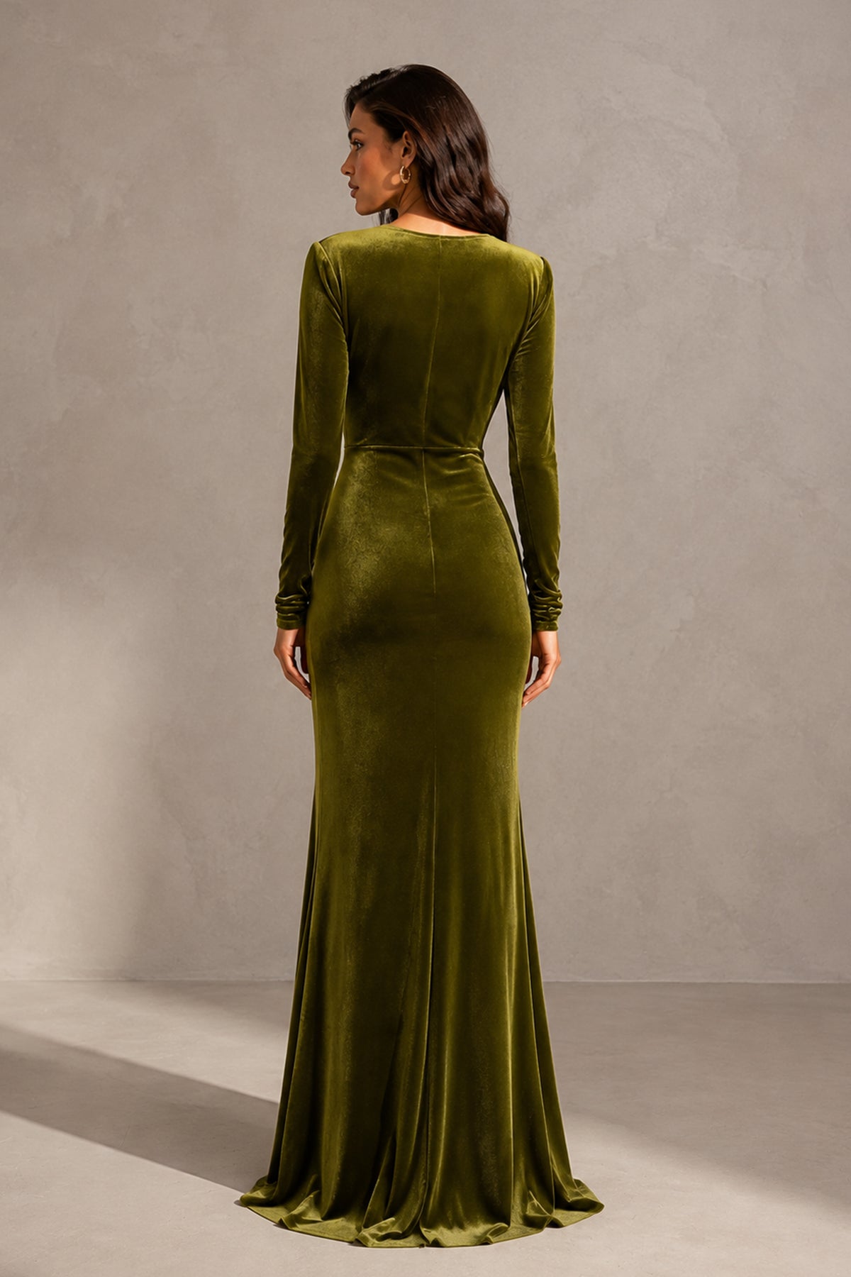 BOLODOO QQ053 olive green velvet evening gown, covered back and floor-length hem