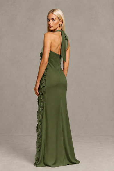 BOLODOO Olive Green Cross Halter Neck 3D Floral Appliqué Backless Mermaid Maxi Gown 
