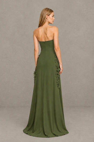 BOLODOO Olive Green Strapless 3D Floral Appliqué Crepe Maxi Gown 