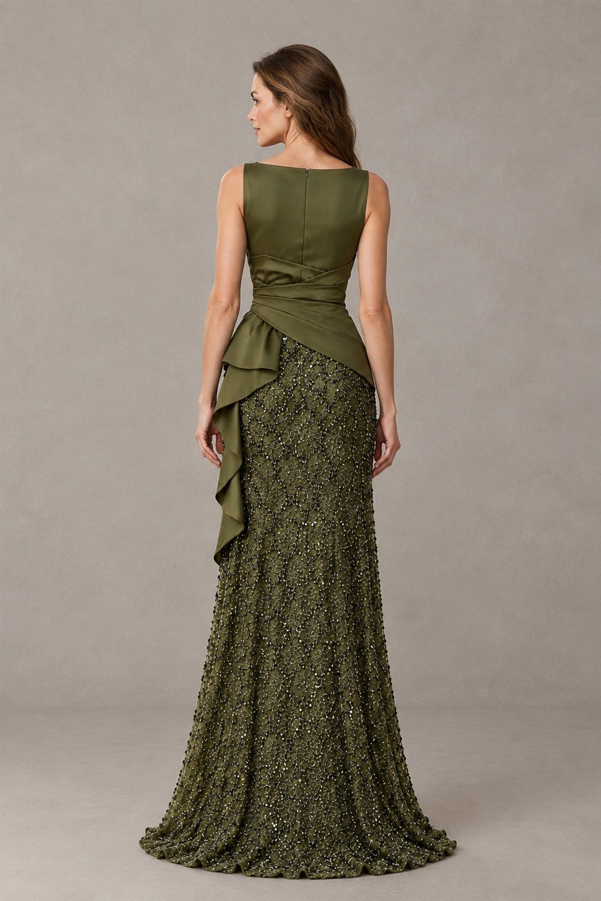 BOLODOO QQ057 olive green evening gown, covered back with center zipper and trailing embellished hem