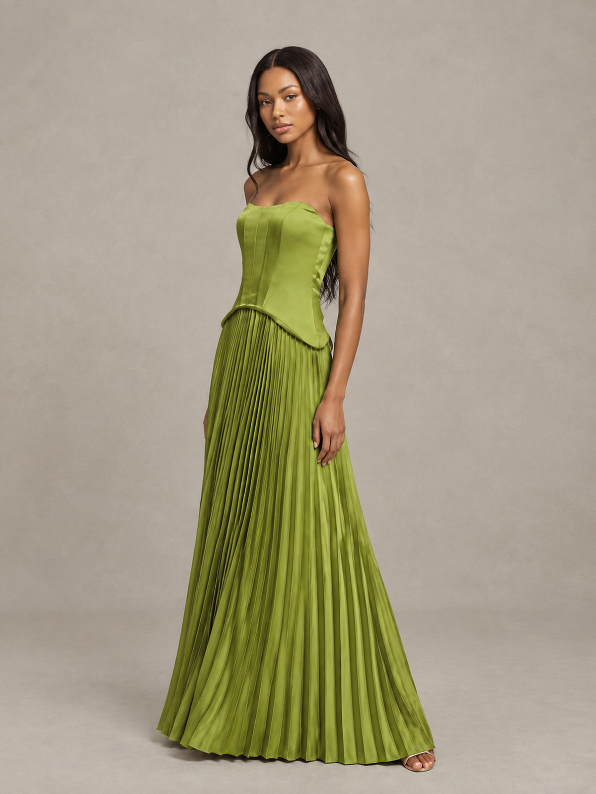 BOLODOO olive green strapless pleated satin-look evening dress, three-quarter side view