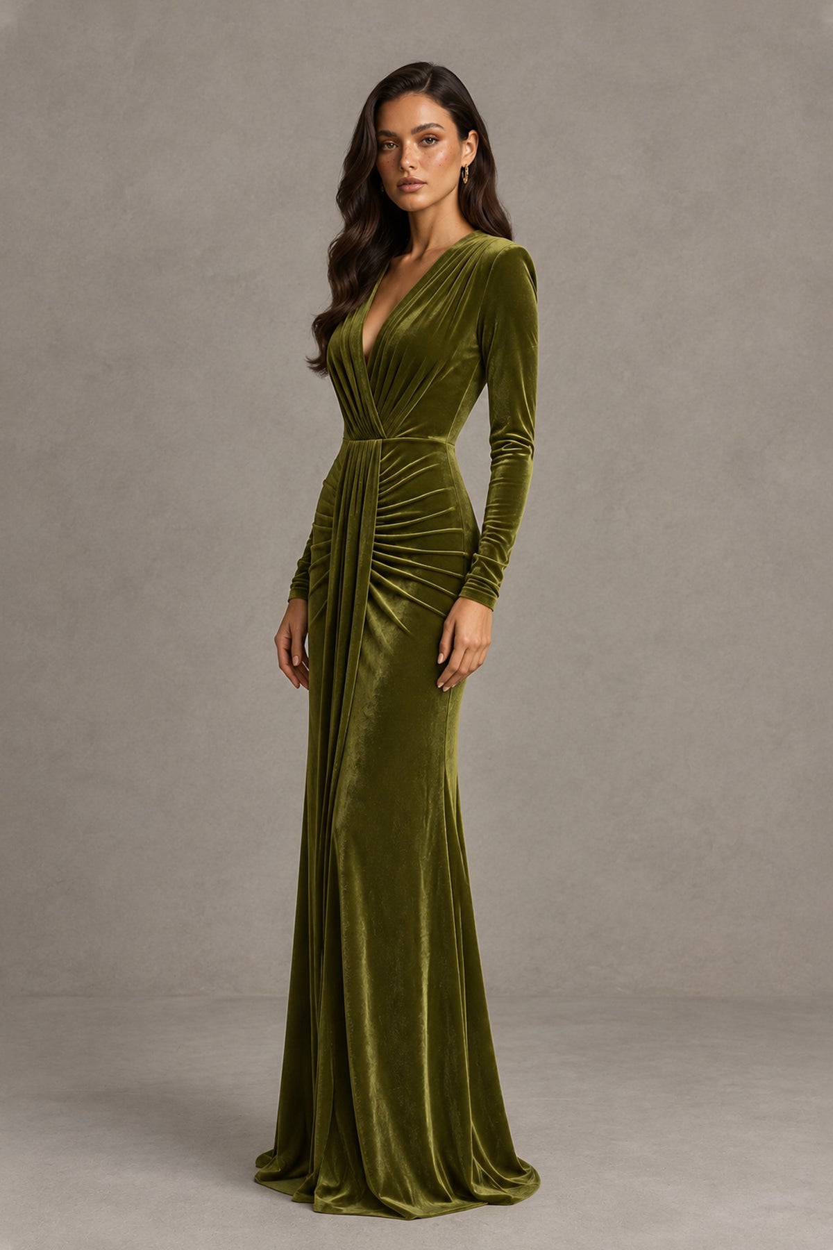 BOLODOO QQ053 floor-length olive green velvet gown with fitted long sleeves, three-quarter front view