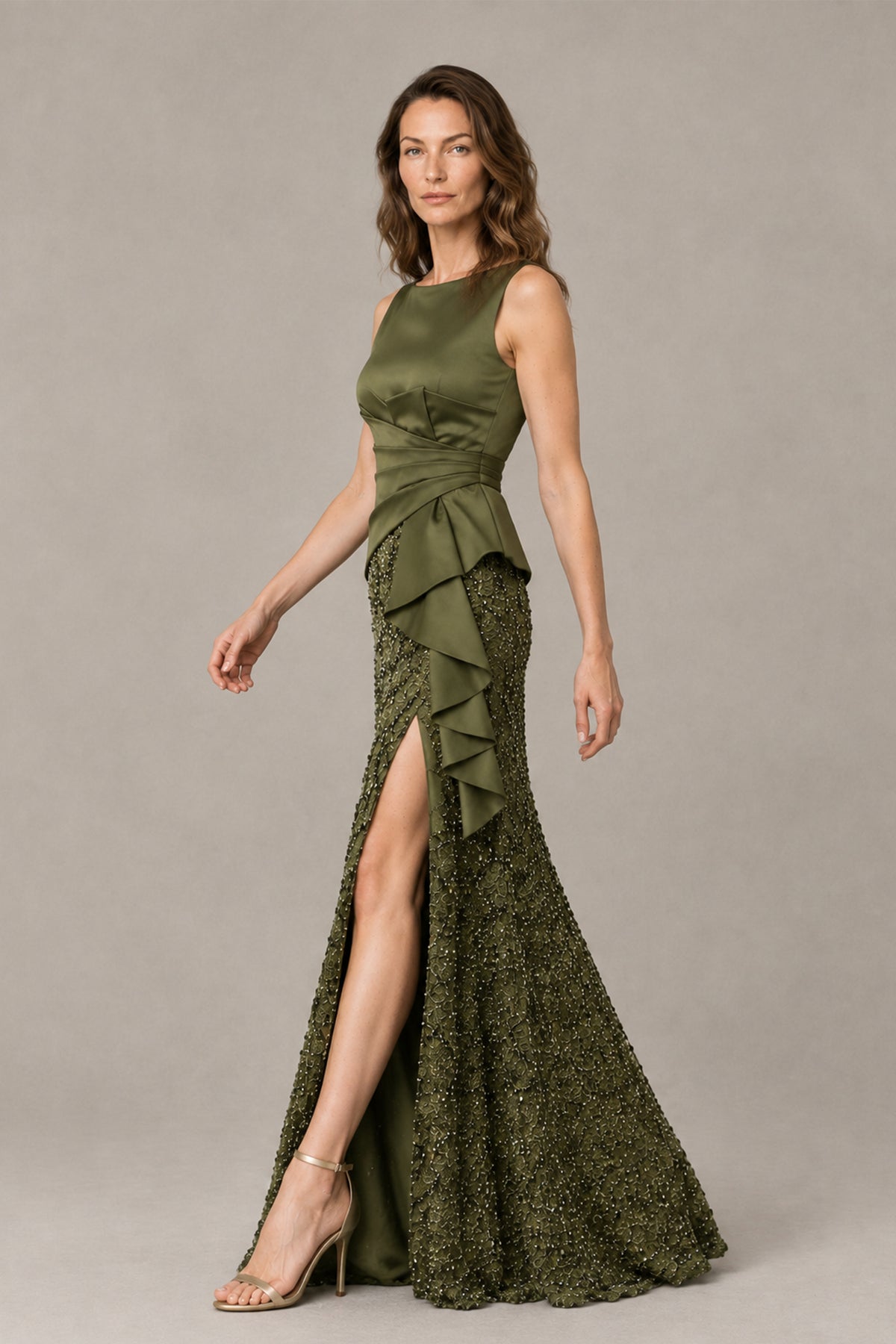 BOLODOO QQ057 olive green floor-length gown, side view showing cascading ruffles and high slit