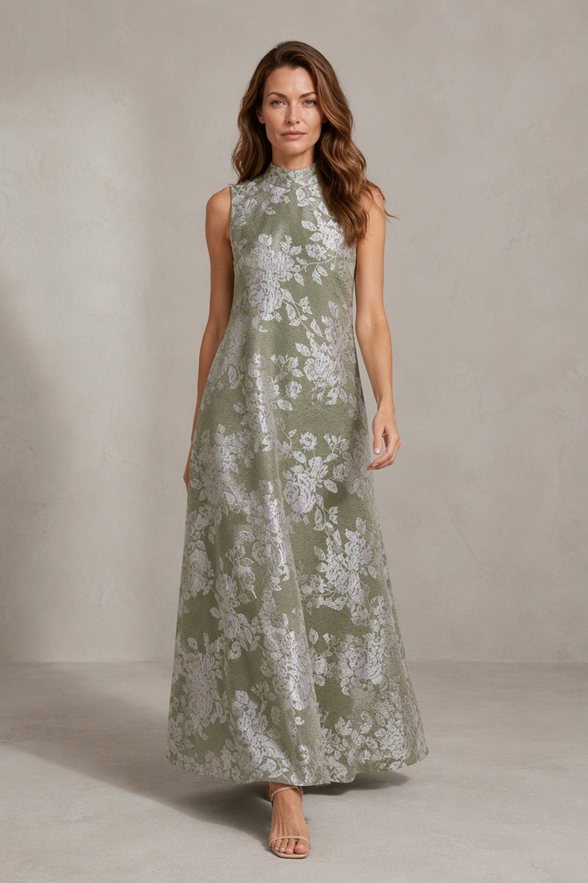 BOLODOO olive green sleeveless floral evening dress, full-length view