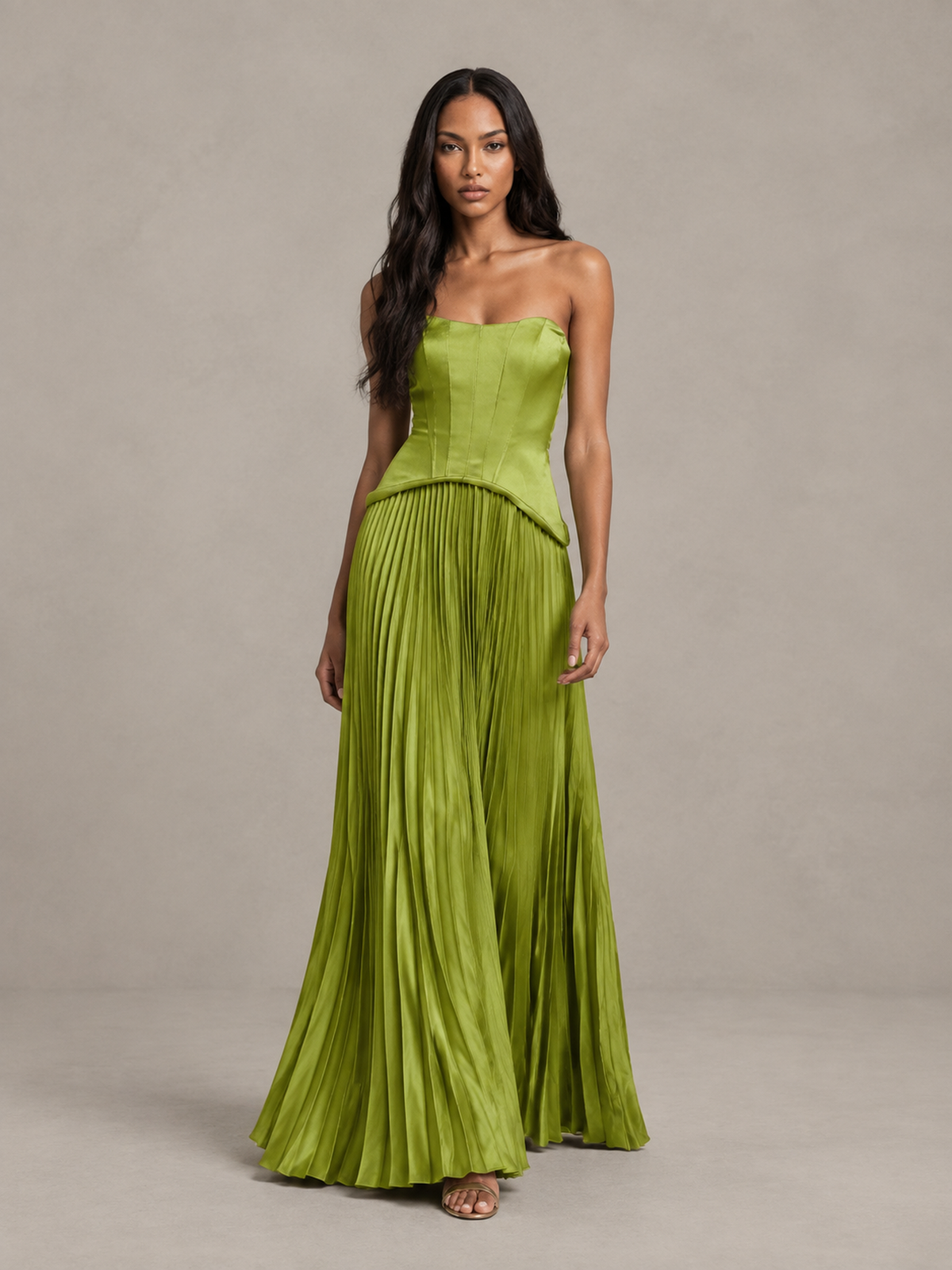 BOLODOO olive green strapless floor-length dress with covered back, back view