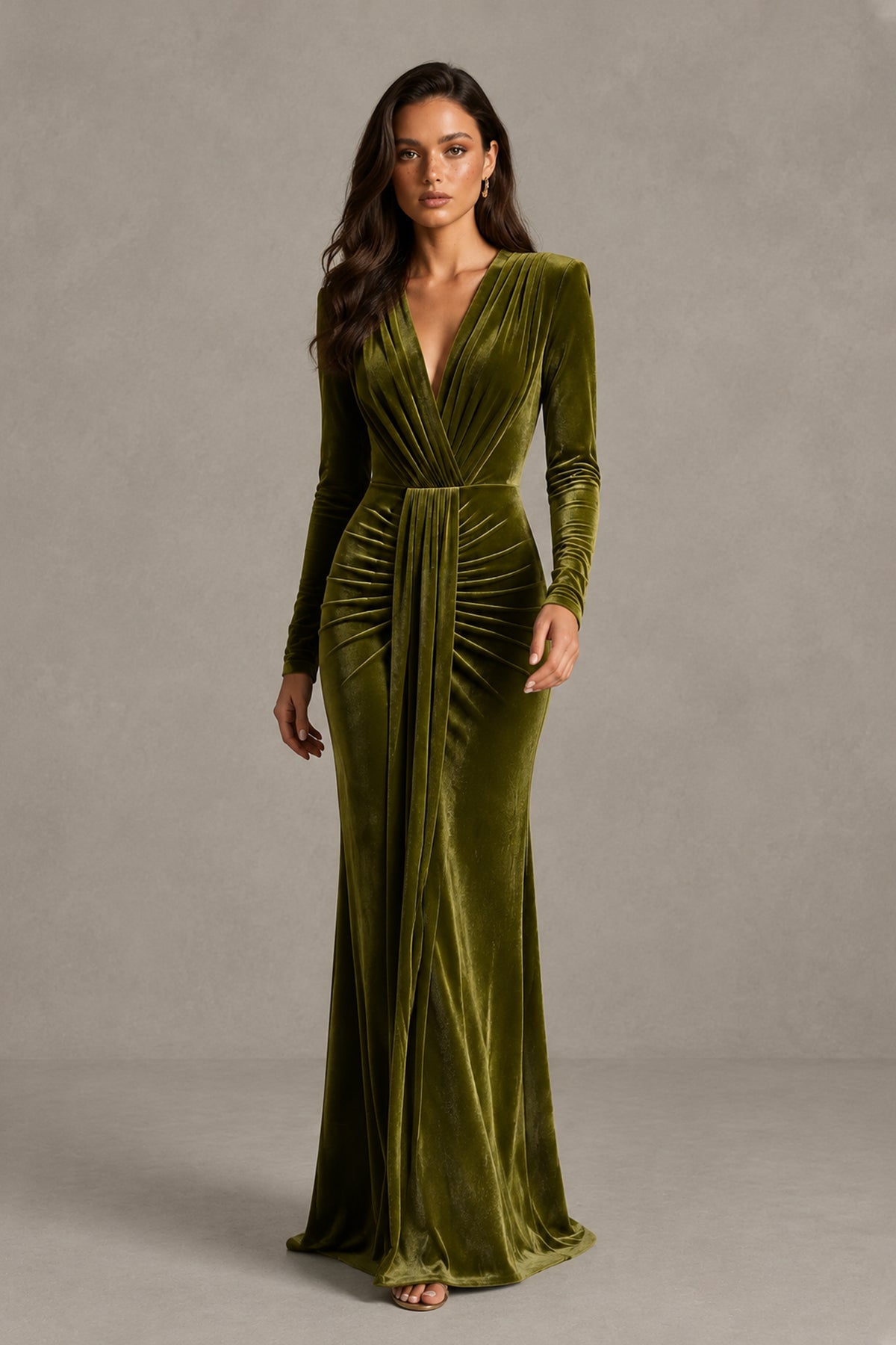 BOLODOO QQ053 olive green evening gown with ruched waist and long front drape, alternate front view