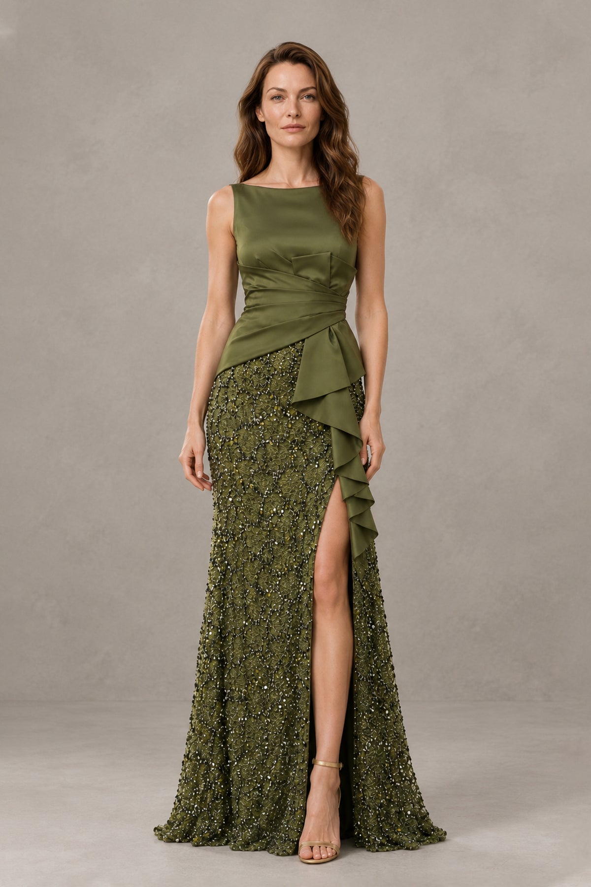 BOLODOO QQ057 olive green evening dress, alternate front view showing satin-look ruched bodice and embellished skirt