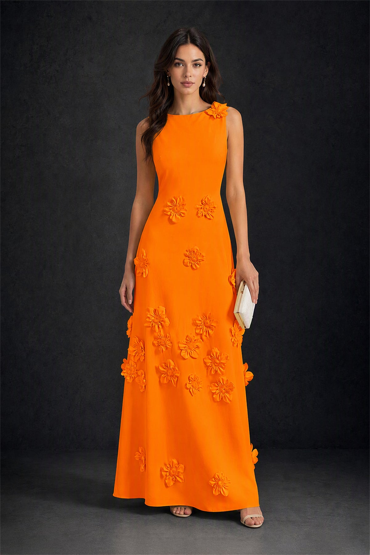 BOLODOO Orange 3D Floral Appliqué Sleeveless Maxi Dress - Orange