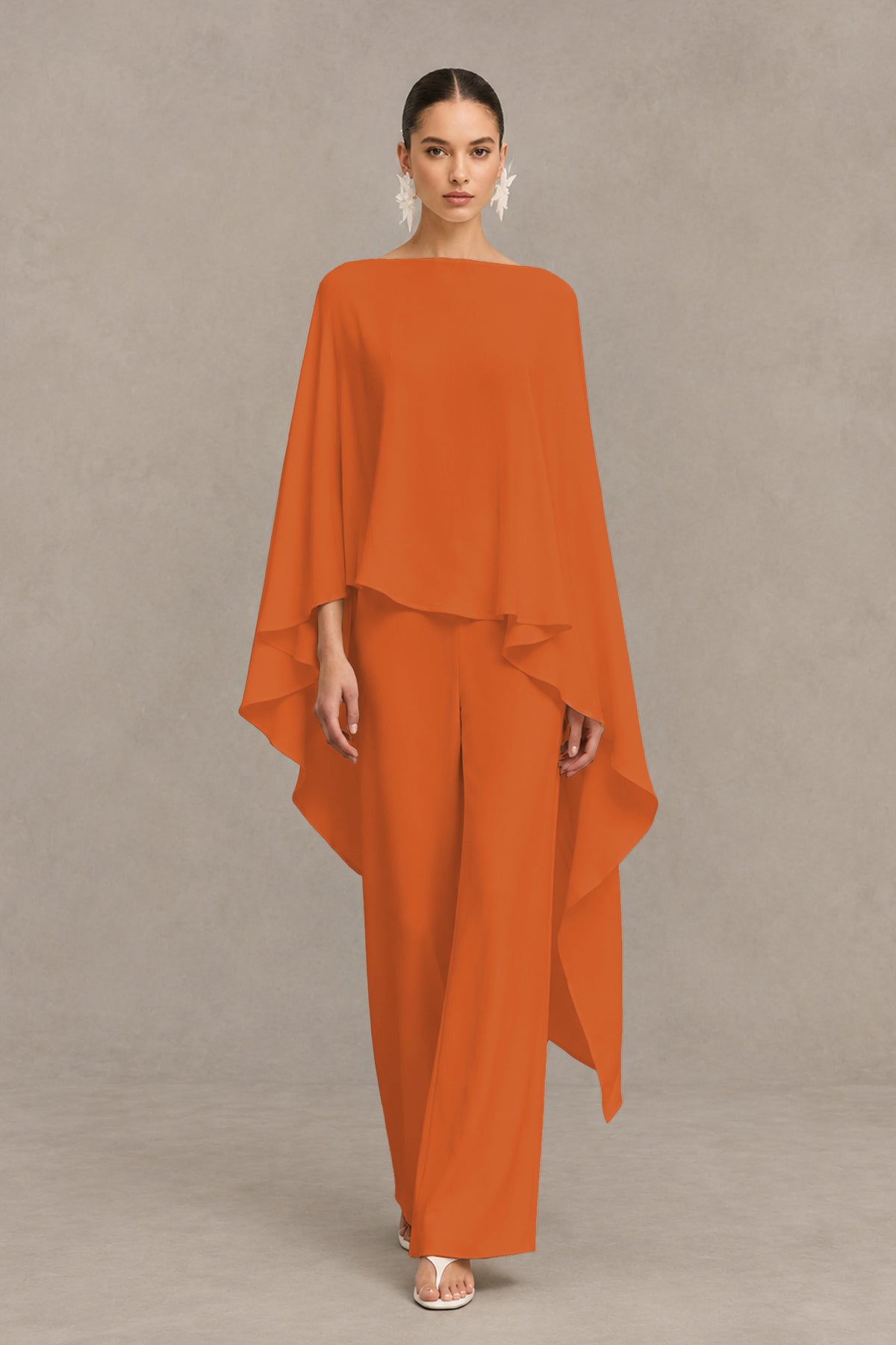 BOLODOO Orange Cape Sleeve Wide-Leg Formal Pantsuit - Orange - Orange_01