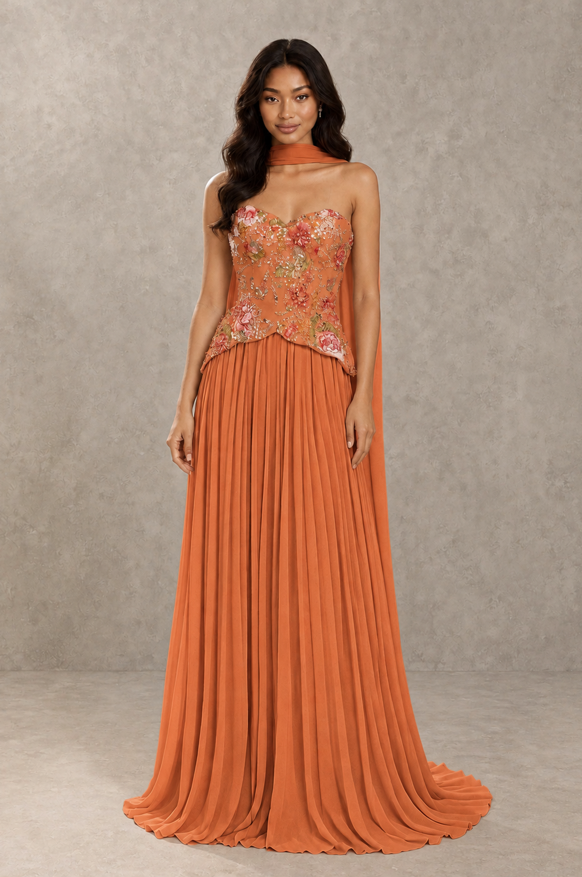 BOLODOO Orange Strapless Beaded Floral Corset Chiffon Maxi Gown – Open Back Prom & Formal Evening Dress - Orange - Orange_01