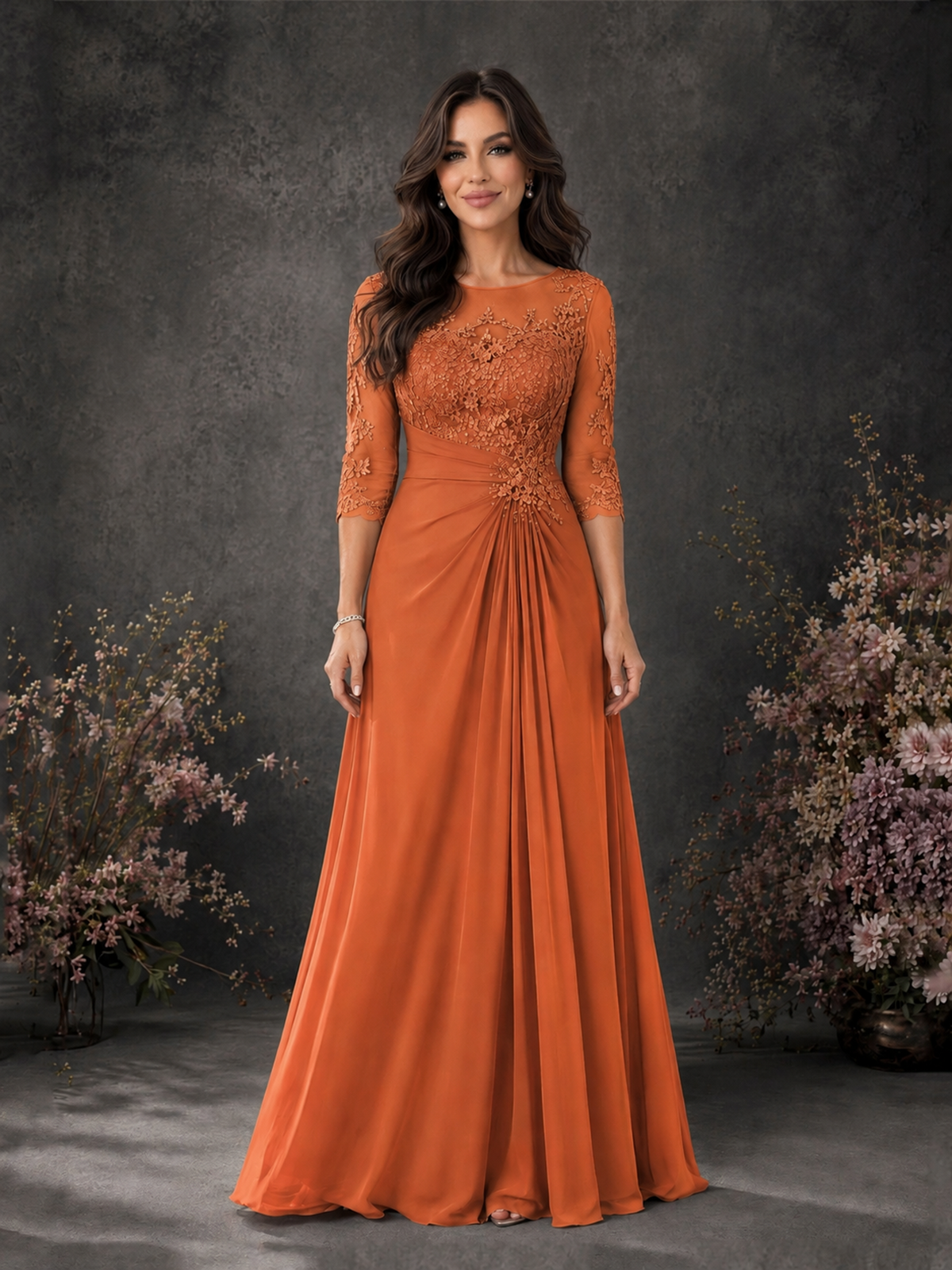 BOLODOO Orange Chiffon Lace Illusion Neckline 3/4 Sleeve Floor Length Formal Gown - Orange - Orange_01