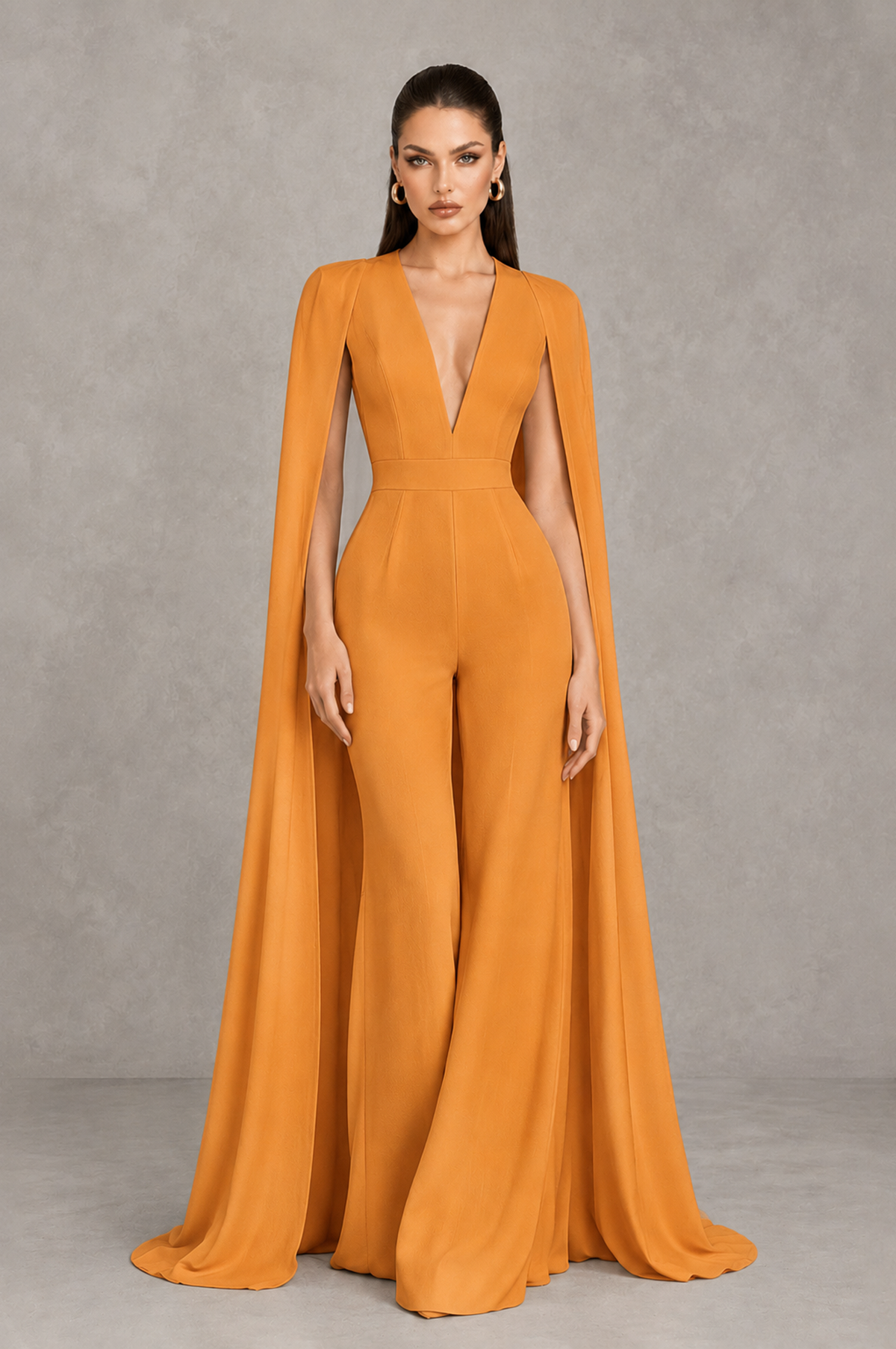 BOLODOO Orange Deep V-Neck Cape Sleeve Bridal Jumpsuit - Orange - Orange_01