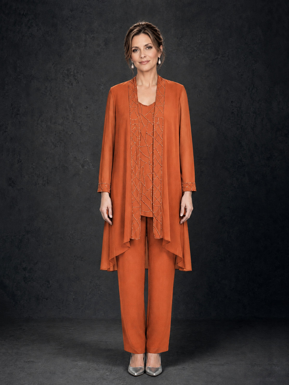 BOLODOO Orange 3-Piece Beaded Chiffon Duster Jacket Pant Suit - Orange - Orange_01
