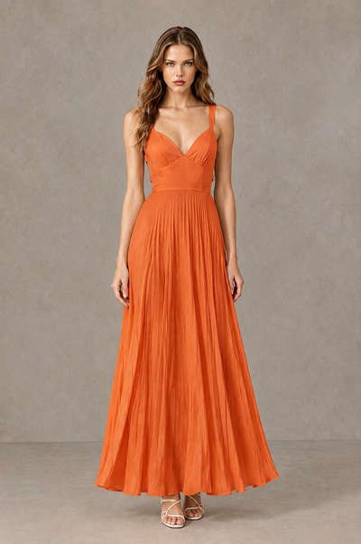BOLODOO Orange V-Neck Pleated Open-Back Maxi Dress - Orange - Orange_01