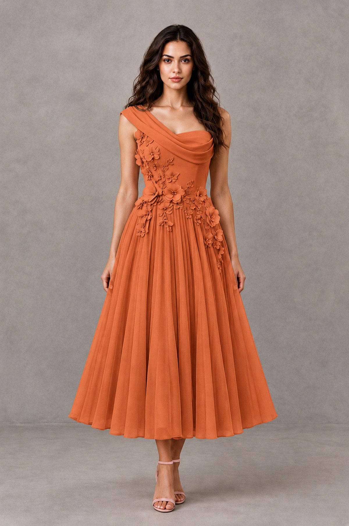 BOLODOO Orange One-Shoulder Floral Tulle Tea-Length Dress - Orange - Orange_01