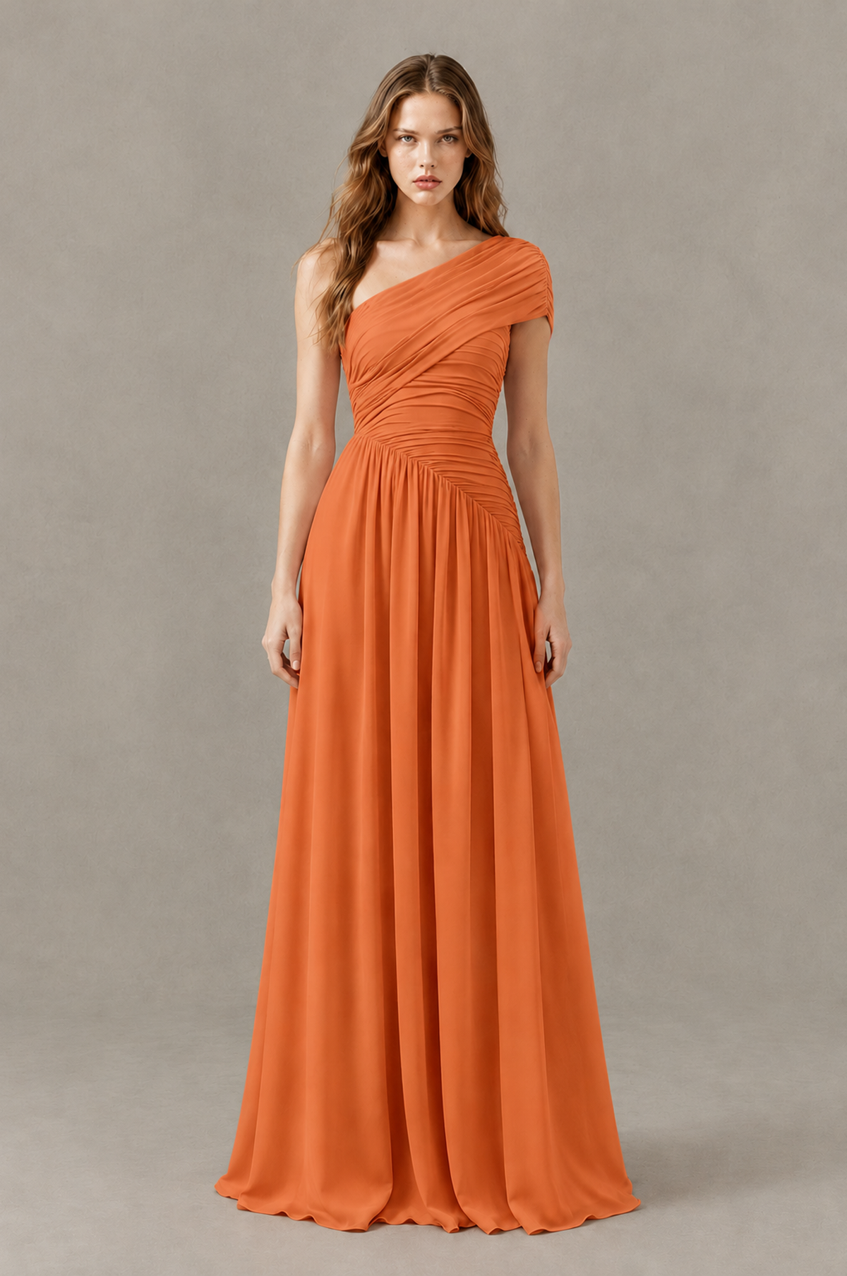 BOLODOO Orange One-Shoulder Ruched Floor-Length Bridesmaid Dress - Orange - Orange_01