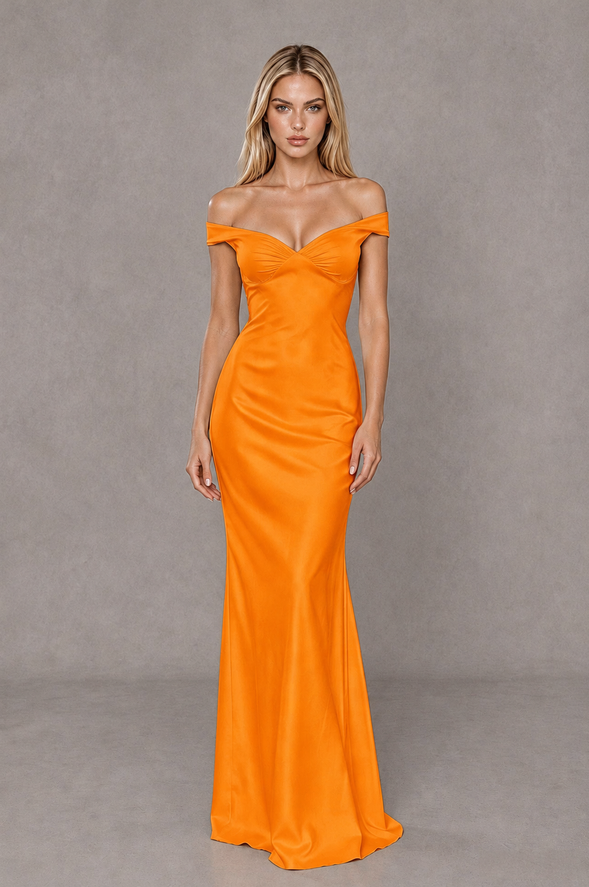 BOLODOO Orange Off-Shoulder Open-Back Satin Evening Gown - Orange - Orange_01